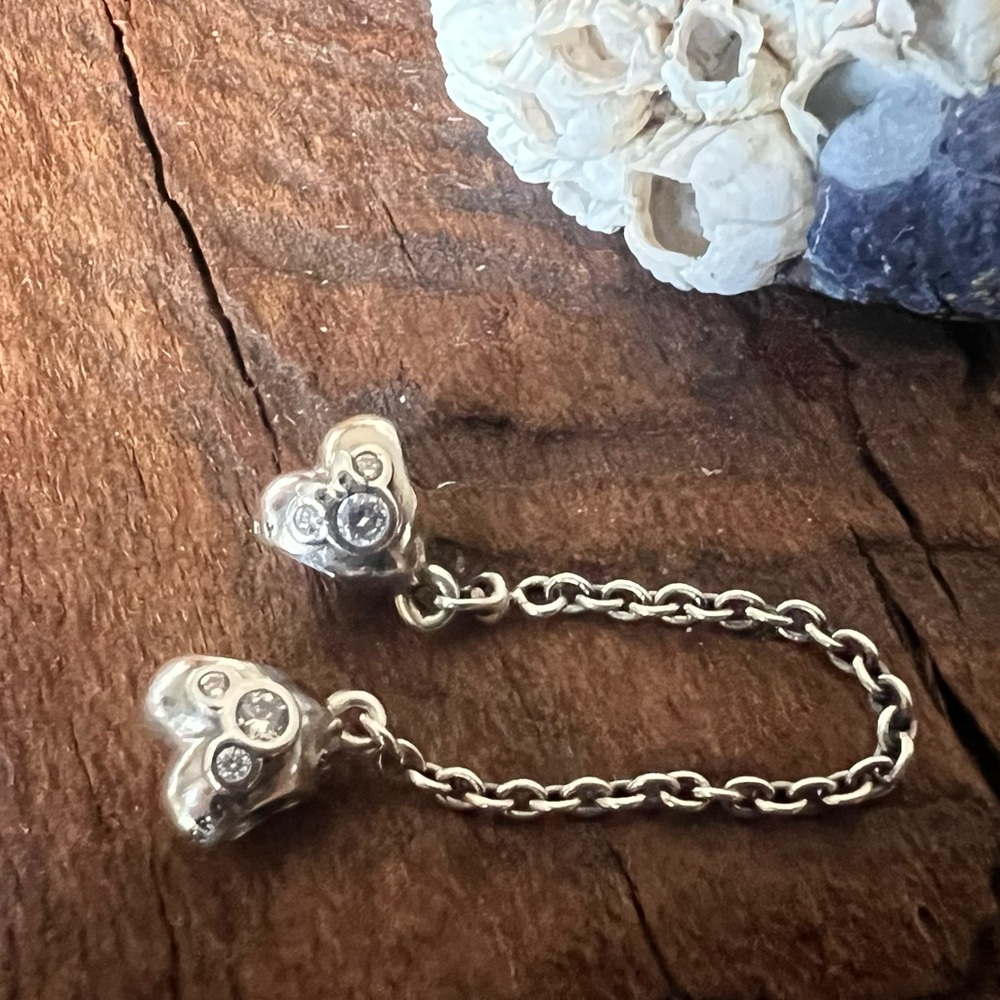 Authentic Pandora Charm Disney Heart of Mickey and Minnie Safety Chain Zirconia